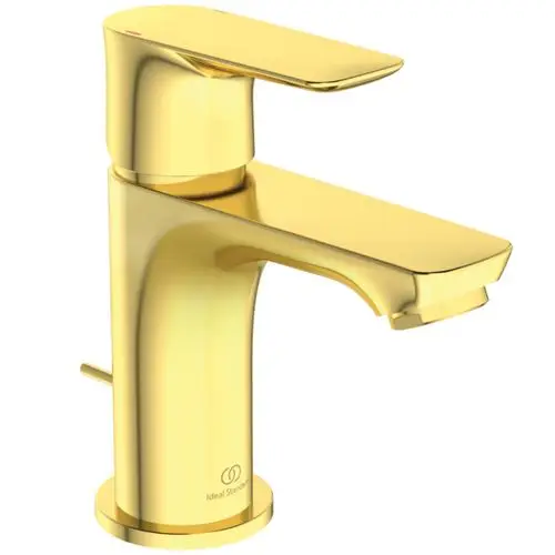 Klassischer Wasserhahn in gebürstetem Gold, hergestellt von Ideal Standard, mit Hebel und Auslauf, geeignet für Waschbecken.